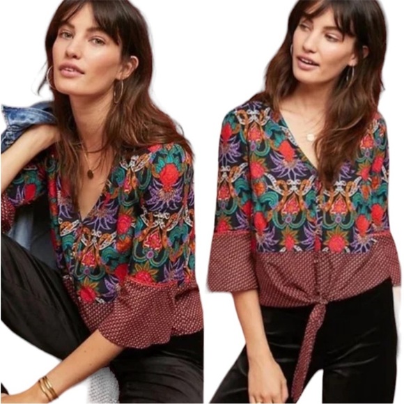 Anthropologie Tops - Anthropologie Maeve Carter Flutter Sleeve Mix Print Tie Front Button Down Top